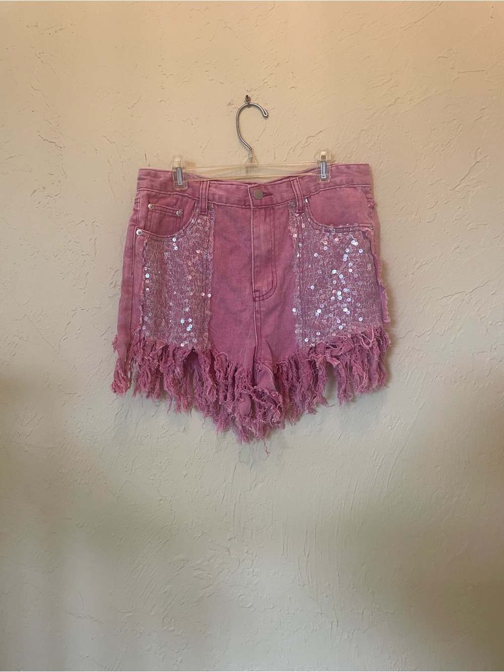 POL Pink Sequin Fringe Denim Shorts